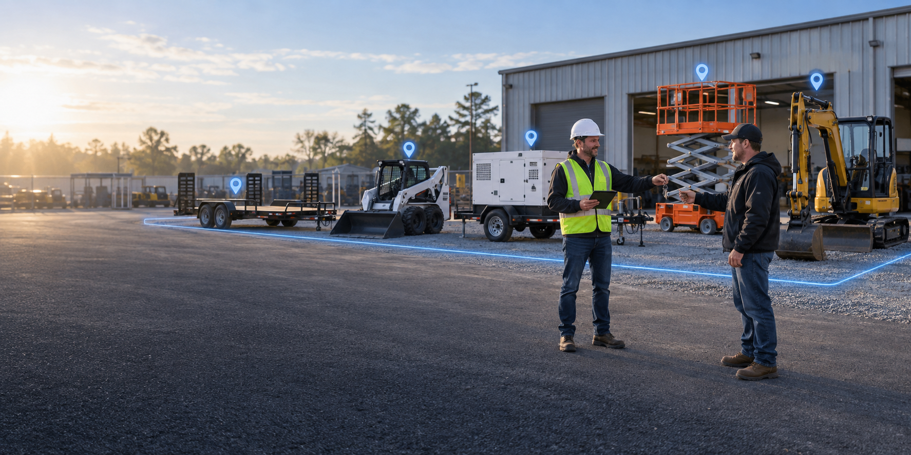 Patio de alquiler con plataforma elevadora, miniexcavadora, remolque y equipos localizados por GPS