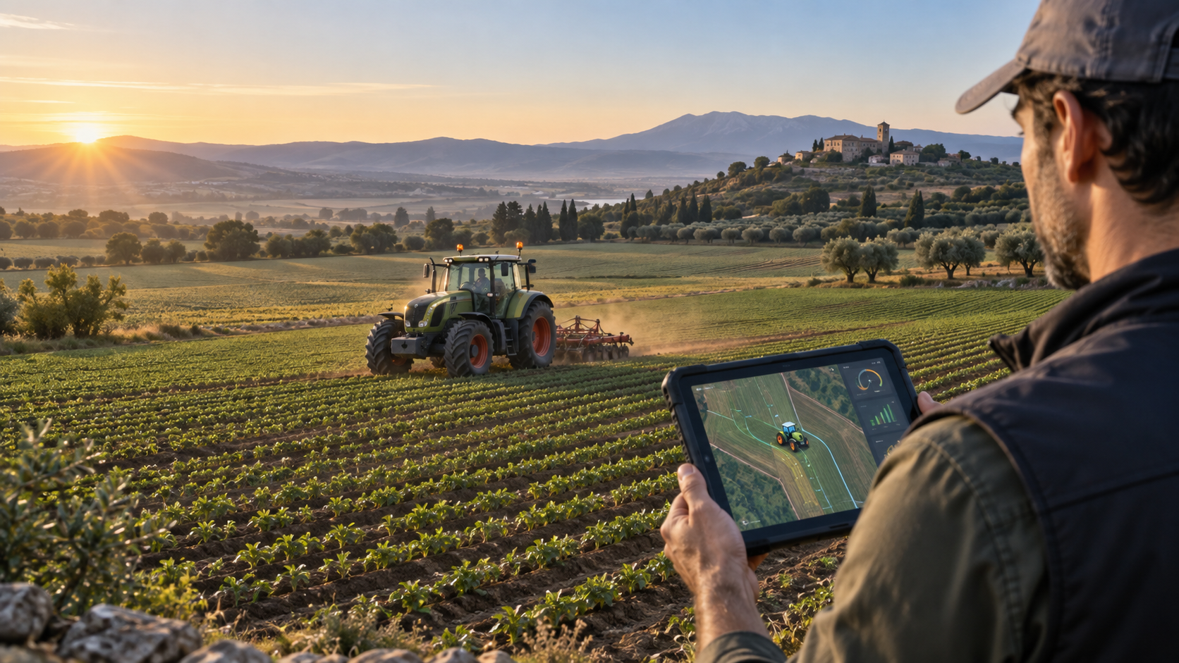 Responsable agrícola revisando en una tableta la actividad GPS de un tractor en campo