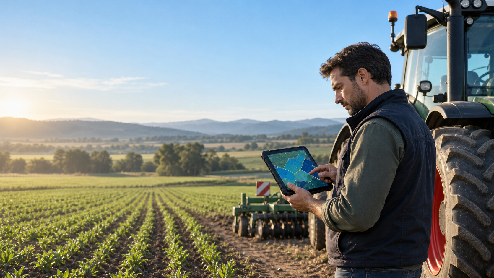 Responsable agrícola revisando parcelas y maquinaria con una tableta GPS
